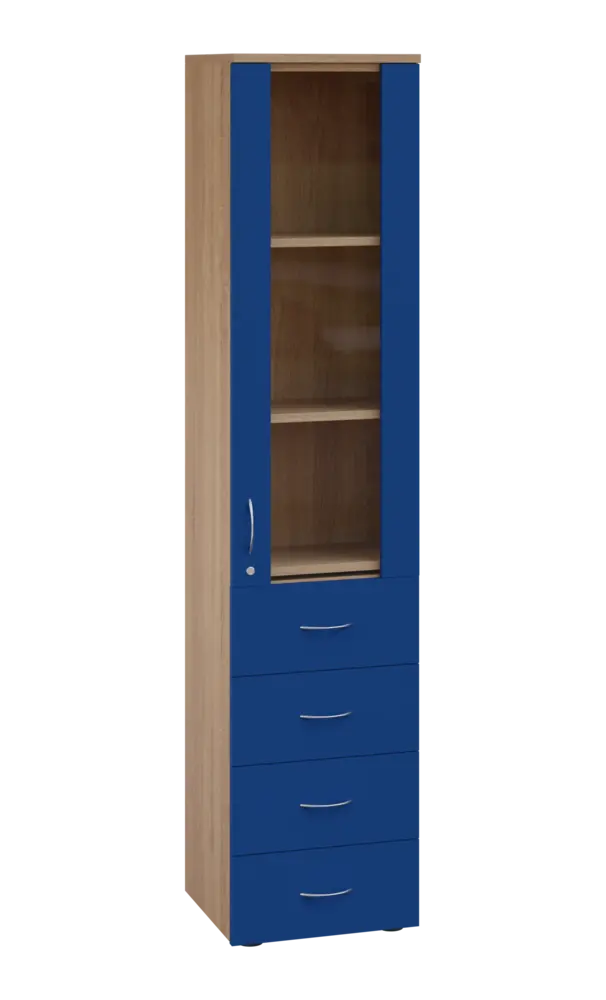 LE - 44 skříň léková prosklená, pravá, korpus dub bardolino, dvířka královská modř